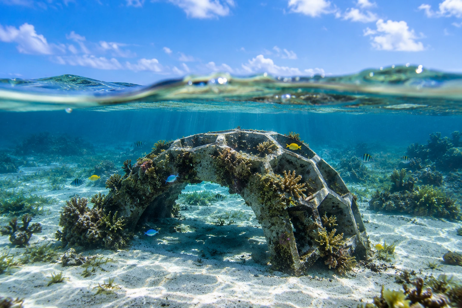 The Enchanted Reef, an eternal reef by Parrot Head Reef: a split over-and-under view of clear tropical water. Above the surface, a calm blue sky and distant shoreline; below, a honeycomb-patterned memorial reef dome resting on the white sandy seabed, encrusted with growing coral and surrounded by tropical fish.
